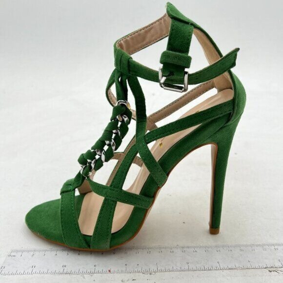 FSJ Green Trendy Studded Toe Gold Chain High Heel T-Strap Ankle Strap Shoes - Picture 1 of 7